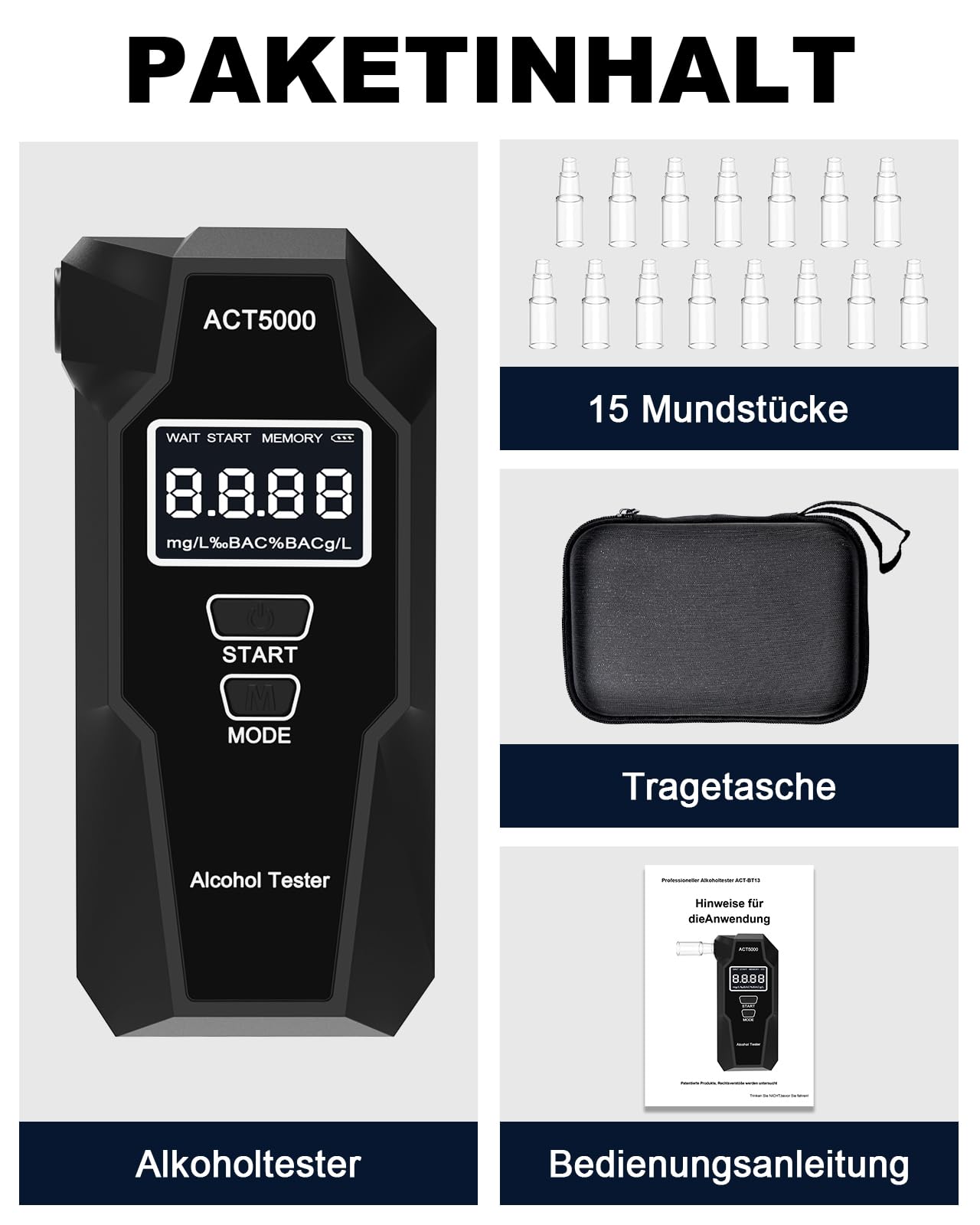 Elektrochemischer Alkoholtester mit 15 Mundstücken & Tragetasche - UK Brennstoffzellen-Sensor Professioneller Atemalkoholmessgerät, Digitales LCD Messgerät, 50 Speicherplätzen (Schwarz)