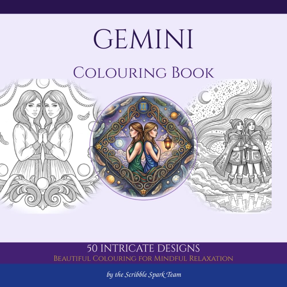 Gemini Colouring Book: 50 Celestial Designs for Adults: By the Scribble Spark Team
