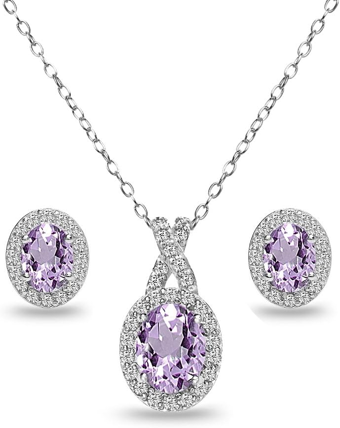 B. BRILLIANT Sterling Silver Genuine, Created or Simulated Gemstone Oval Halo X Necklace & Earrings Jewelry Set for Women Bridesmaids