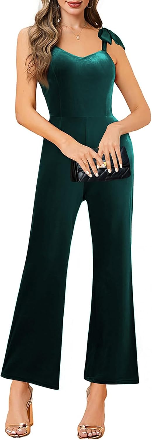 BLENCOT Women's Wide Leg Velvet Jumpsuits Sexy Tie Knot Strap Sleeveless Elegant Romper Overall Pants - Image 4