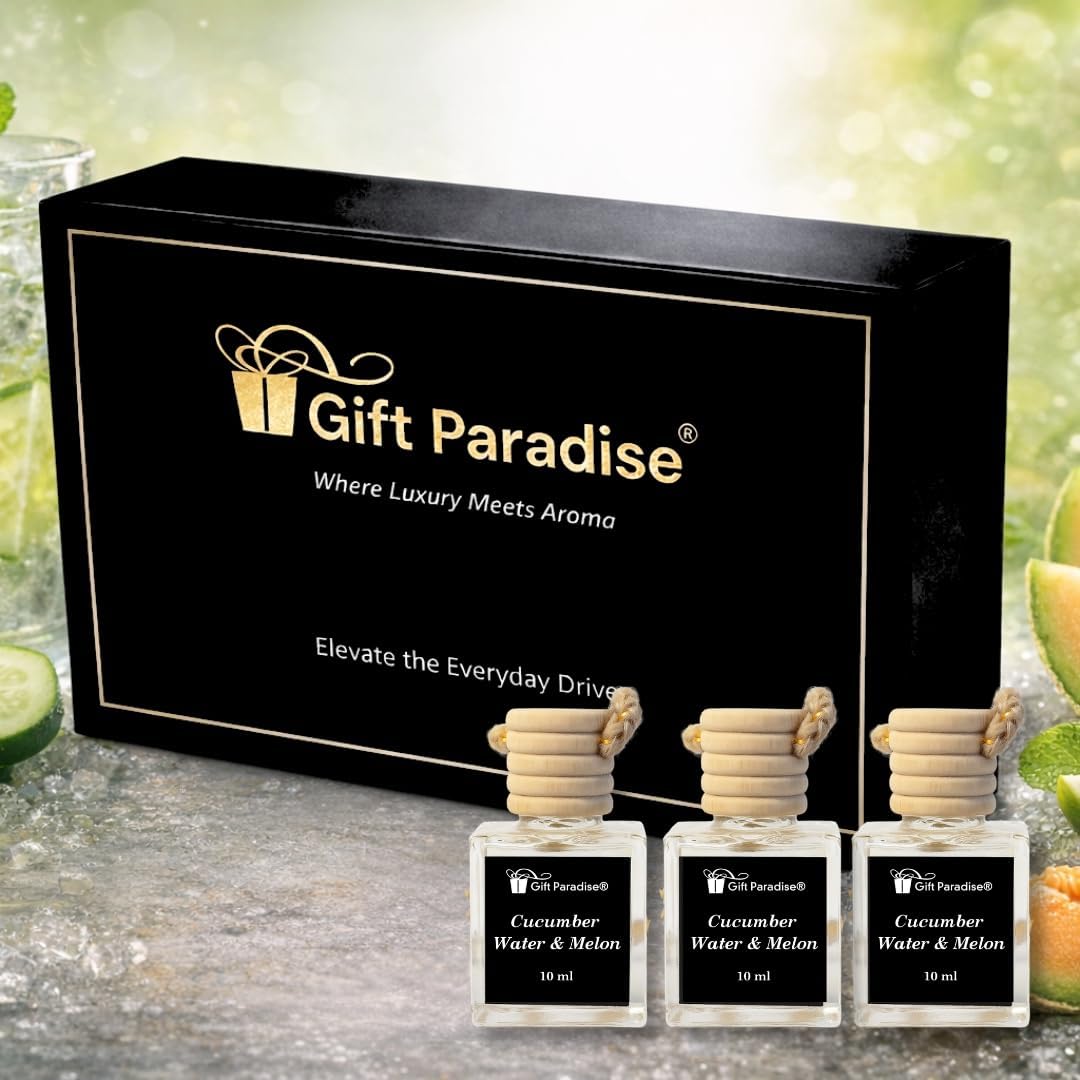 Gift Paradise® Cucumber Water & Melon Car Air Freshener Set of 3 with Magnetic Gift Box, 10 ml Hanging Diffuser Bottles with Wooden Cap, Fresh Clean Summer Scent for Car, Home & Closet