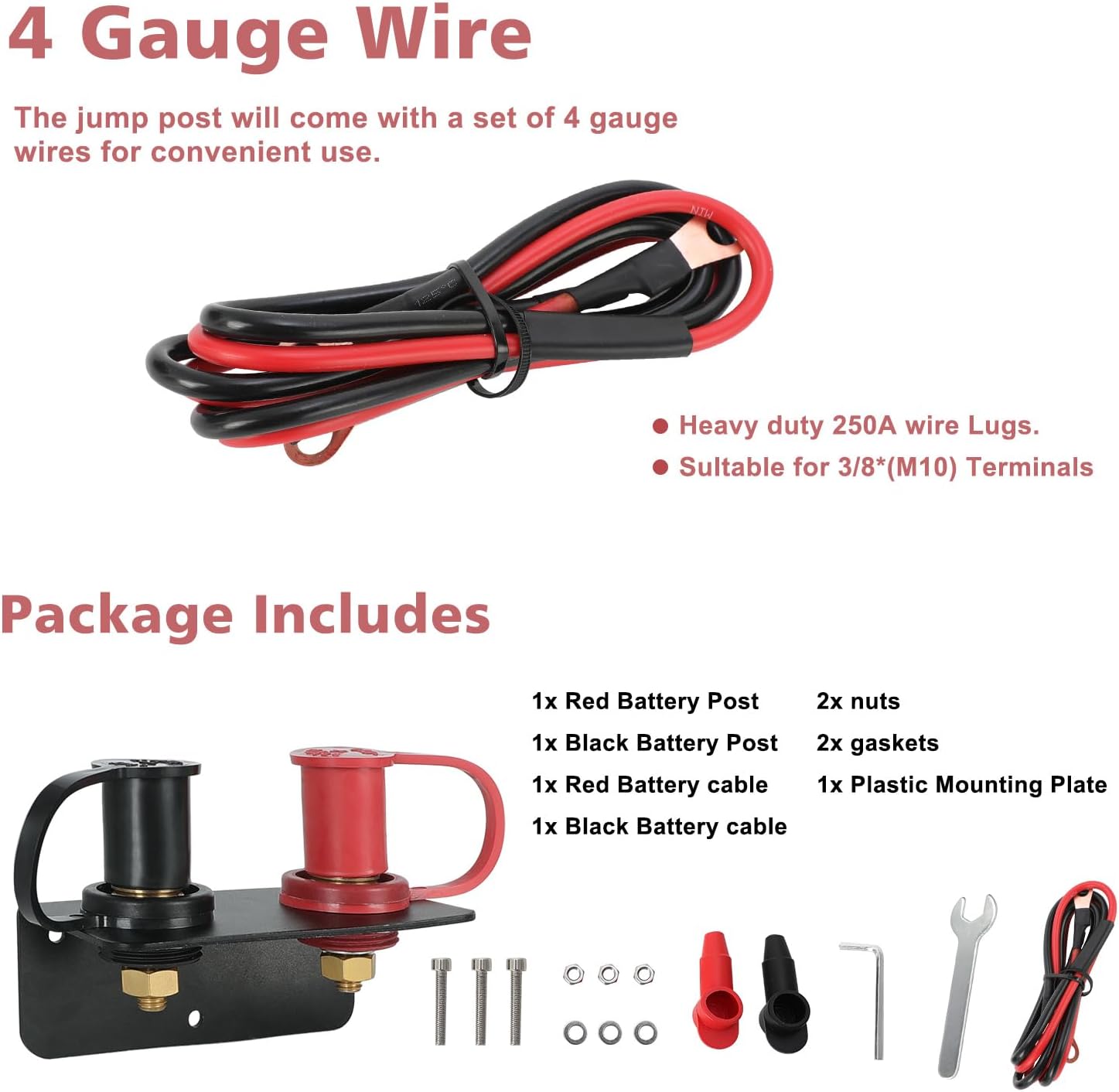 ROCCS Remote Battery Terminals 3/8" Stud Battery Jump Post with Heavy Duty Mounting Bracket 250A Battery Charging Post Kit Marine Battery Charger Jumper Post for UTV RV Auto Truck Can-am Style B