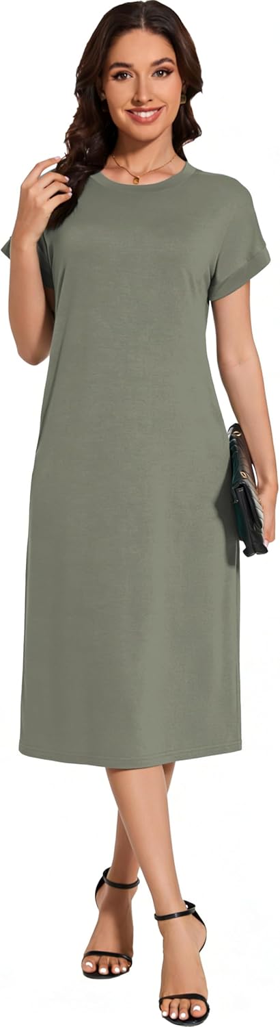 Womens Summer Casual Maxi Dress Short Sleeve Crewneck Split Wrinkle-Free Travel Long Sundress Beach Vacation Clothes - Image 3