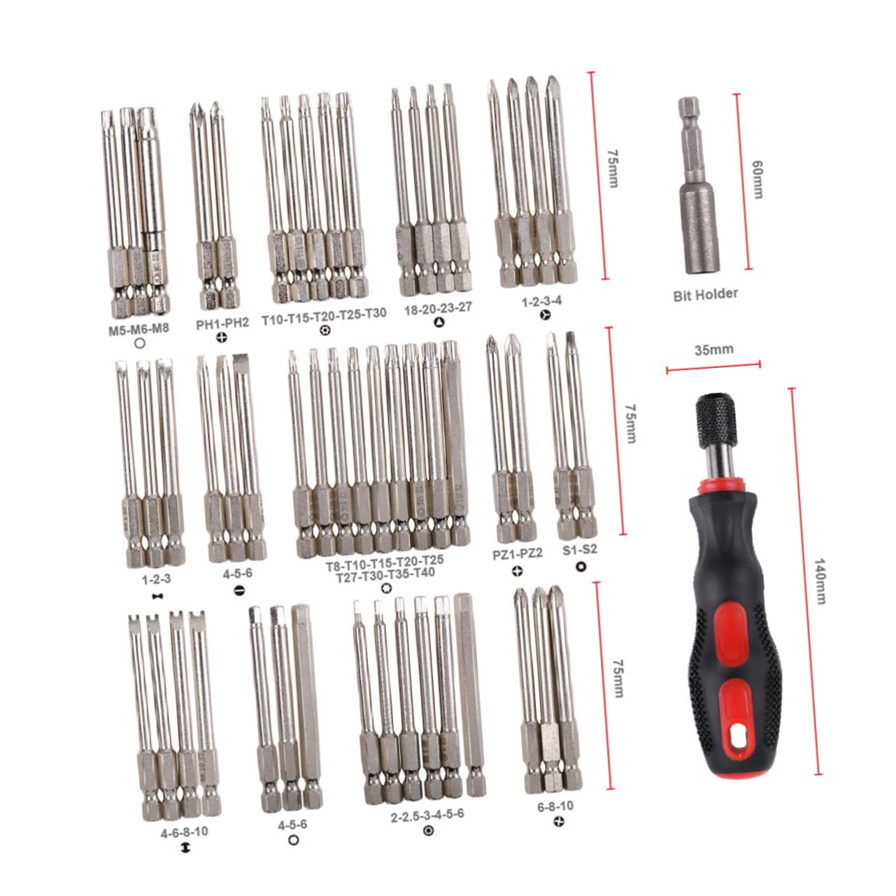 Juego de 55 Brocas Electrónicas S2 de Metal para Destornillador | Puntas Estrella, Hexagonales, Cruzadas y Triangulares, 1 Set, Uso en Taladro Recargable y Herramientas Eléctricas