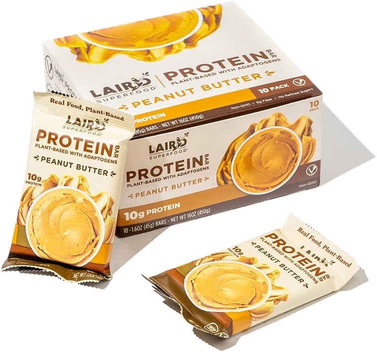 Laird Superfood Functional Protein Bars – Protein Bar but Better with Real Ingredients, Functional Mushrooms 10g Plant-Based Protein, 6g Fiber - Non-GMO - Peanut Butter