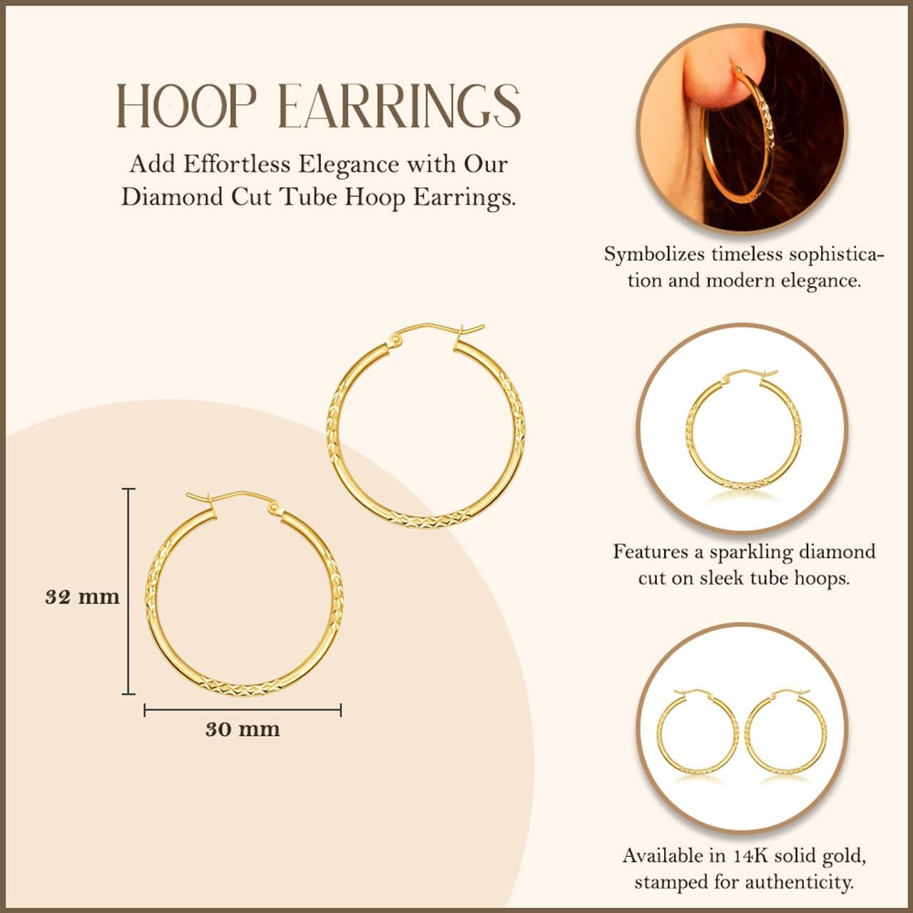 Gold Sparkle Cut Reversible Round Tube Hoop Earrings for Women | 10K or 14K Yellow Gold - Image 3
