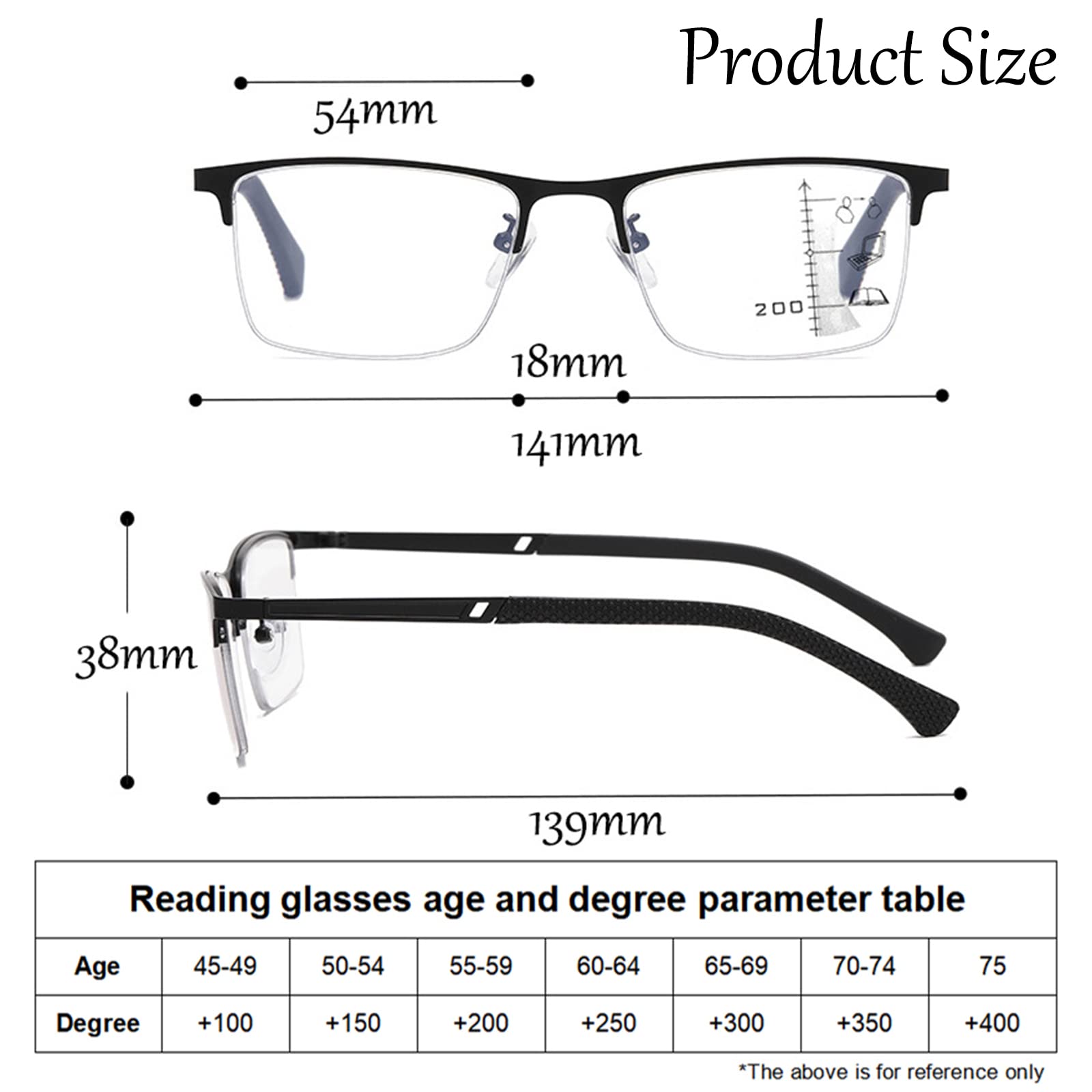 Gafas de Lectura de Medio Marco para Hombres Gafas de Ancianos HD de Enfoque Múltiple Progresivo con Bisagra Elástica Lector de Marco de Metal de Negocios,Black-+3.00