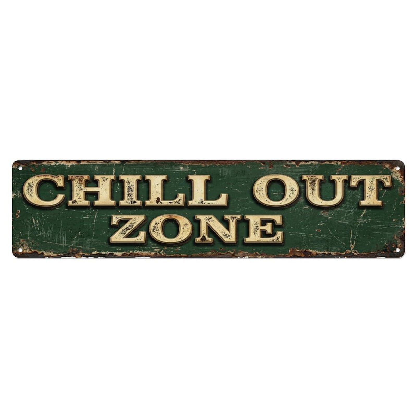 Chill Out Zone Rustic Man Cave Metal Tin Skinny Sign Plaque Wall Decor for Cafe, Club Bar, Office, Home Garden Metal Poster 4x16Inch
