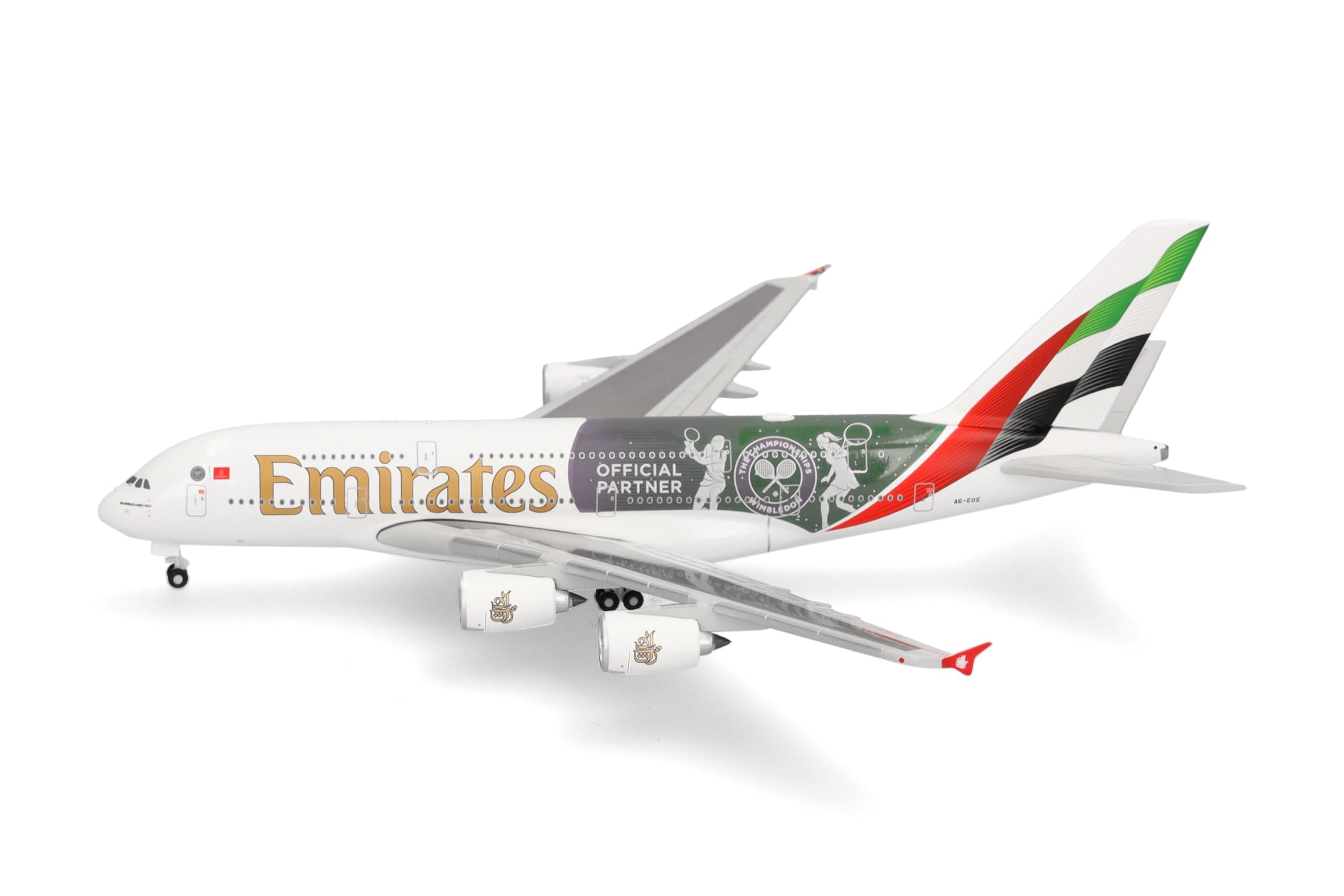 Herpa modellino aereo Emirates Airbus A380 "Wimbledon Official Partner" miniatura in scala 1:500, pezzo da collezione, modello di aereo senza supporto, metallo
