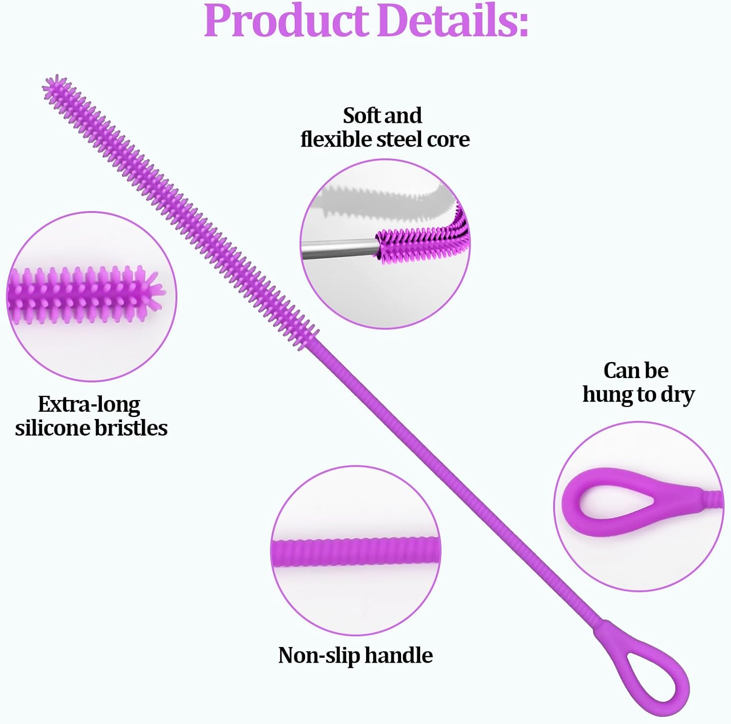 Silicone Straw Cleaner Brush, 2Pcs Straw Cleaner Brush Extra Long, Straw Brush Bristles Cleaner Brush for Cleaning Stanley, Metal Glass Straws, Drink Lid (Purple) - Image 3