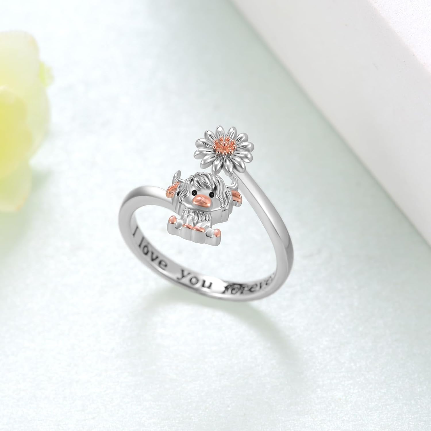 Highland Cow Ring 925 Sterling Silver Adjustable Cute Cow/Capybara/Axolotl/Dragon/Panda Open Rings with Daisy Cow Jewelry Gift for Women - Image 3