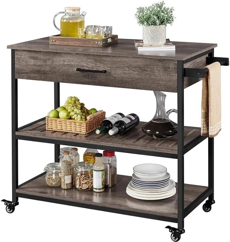Storage Trolley Kitchen Island On Wheels, Rolling Cart with Storage Drawer and Towel Rack, Utility Shelf Microwave Stand Shelving Organizer(Taupe Wood)