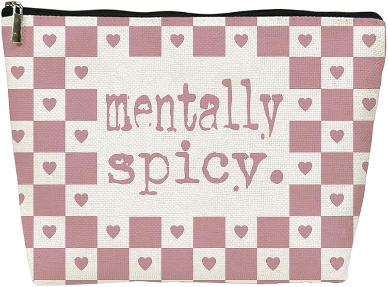 Necessaire de maquiagem Nihilform com estampa xadrez e corações, estilo Goth, Dusty Rose Humor Funny-14, 20,07 x 17,78 x 0,76 cm