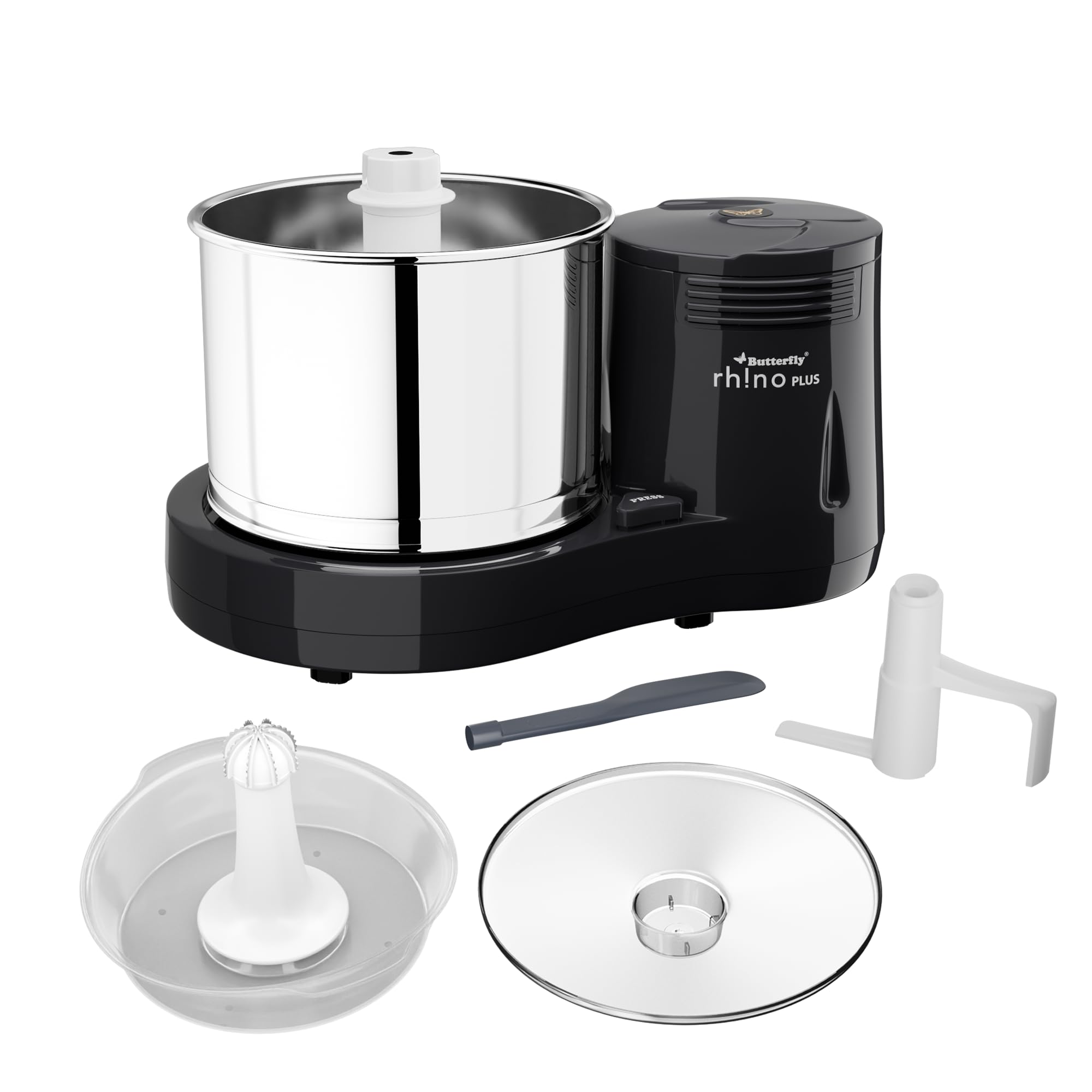 Butterfly Rhino Plus 2 Litres Table-Top Wet Grinder | 150 Watts | Shockproof ABS Body | Coconut Scrapper Attachment | Dough Kneader | Stainless Steel Drum | 2 Years Manufacturer's Warranty | Grey-image-1