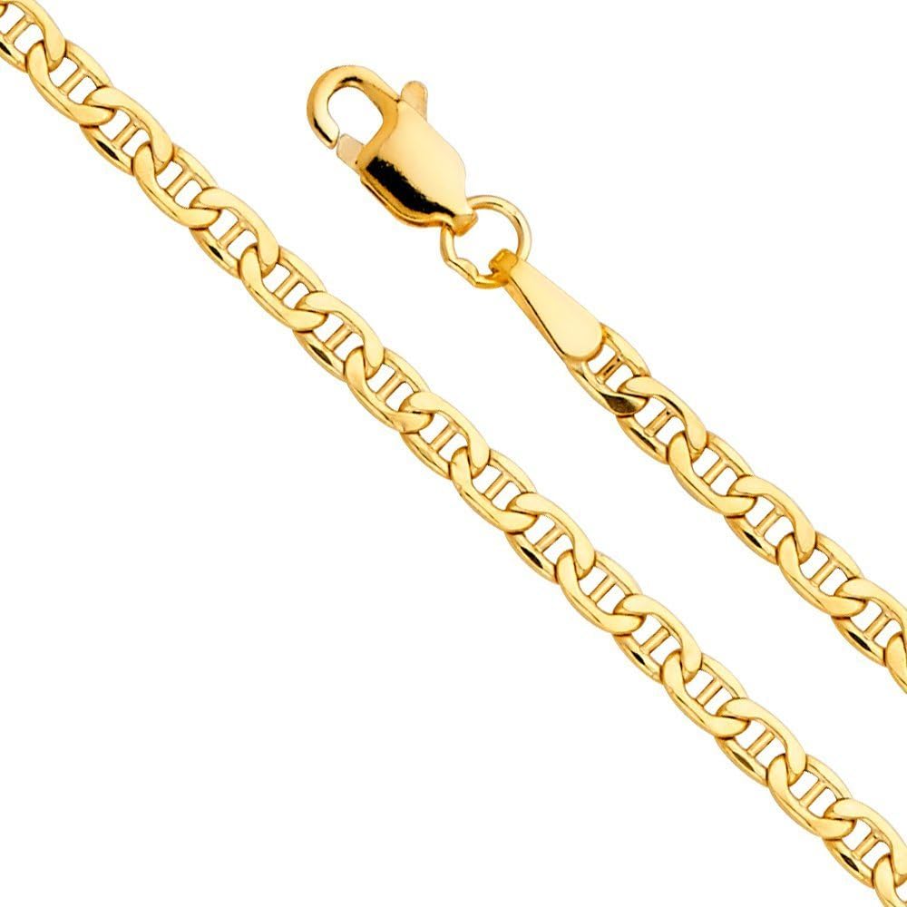 TWJC 14k Yellow Gold Men's 3.5mm Hollow Mariner Chain Necklace with Lobster Claw Clasp