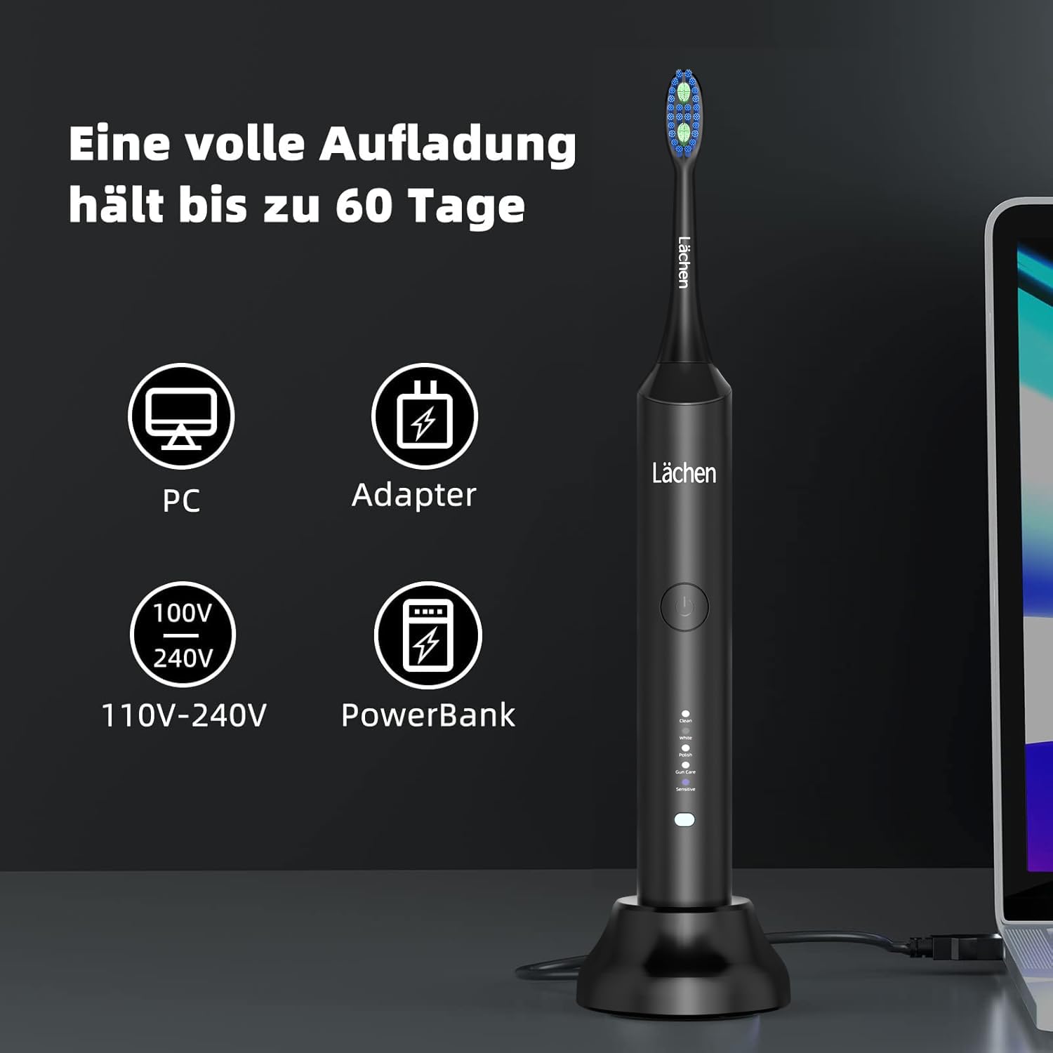Lächen Spazzolino elettrico sonico, 5 modalità, spazzolino elettrico sonico con custodia da viaggio, 4 testine di ricambio, ricarica USB per 60 giorni, timer, IPX7, impermeabile, nero