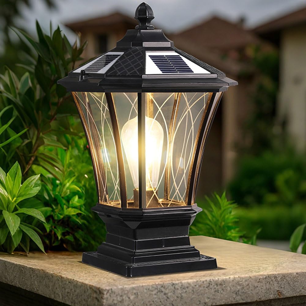 Solar Pillar Lamp Outdoor Modern Column Lamp With Clear Glass Post Caps Lights Waterproof Fence Deck Cap Lantern Fixture Solar Powered LED Landscape Lighting For Outside Patio Mailbox Posts Pier Light