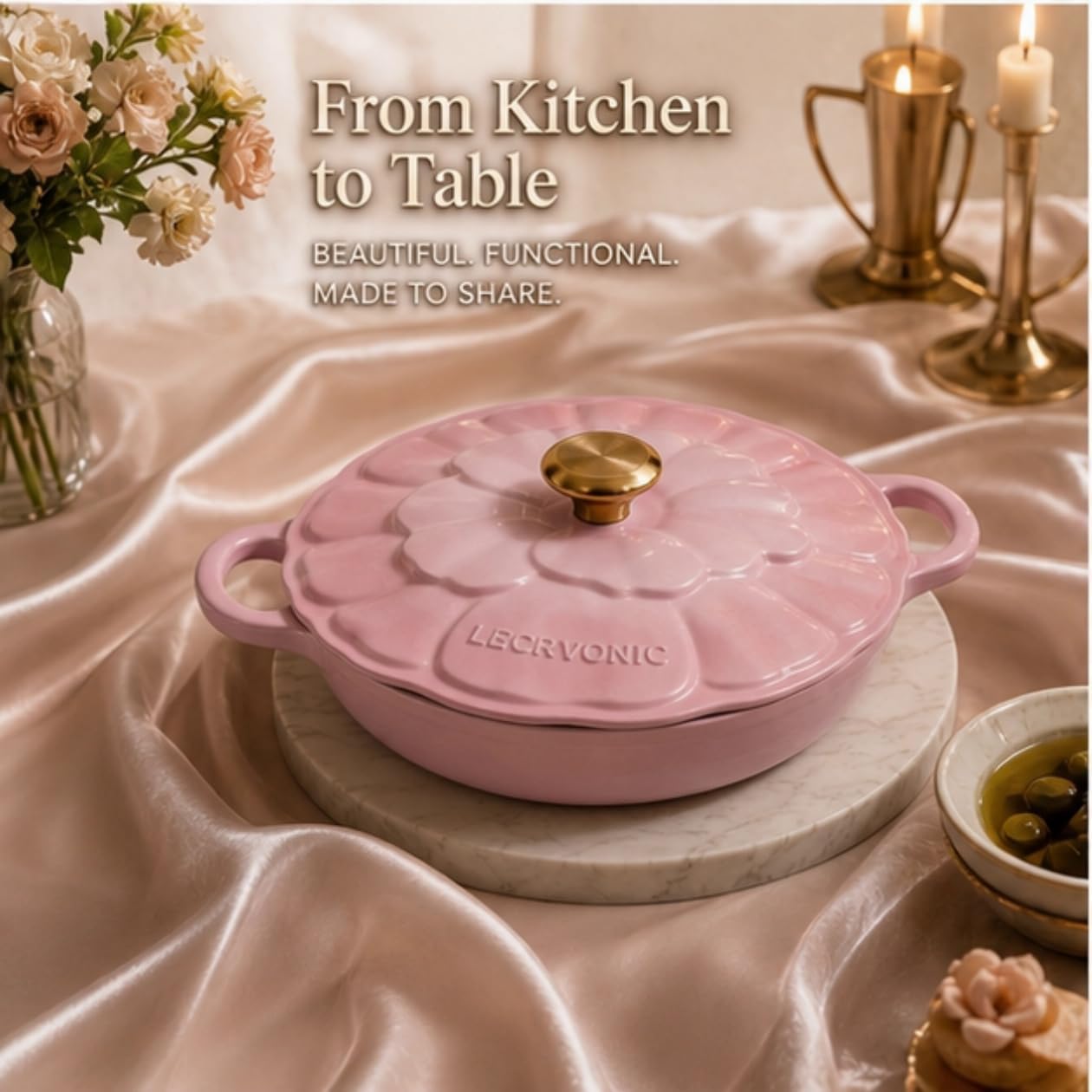 Cast Iron Dutch Oven,3 QT Enameled Petal Braiser,11 inch Enamel cast iron braiser,Enamel Cookware with Lid-Heavy Duty,Enameled Cast iron Skillet,Oven Safe Frying Pan,Pink