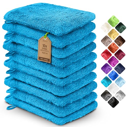 NatureMark 10x Gants de Toilette en Frotte 100% Coton – Doux et Résistants, Idéal pour Le Soin Quotidien et Les Invités – Turquoise, 15x21 cm