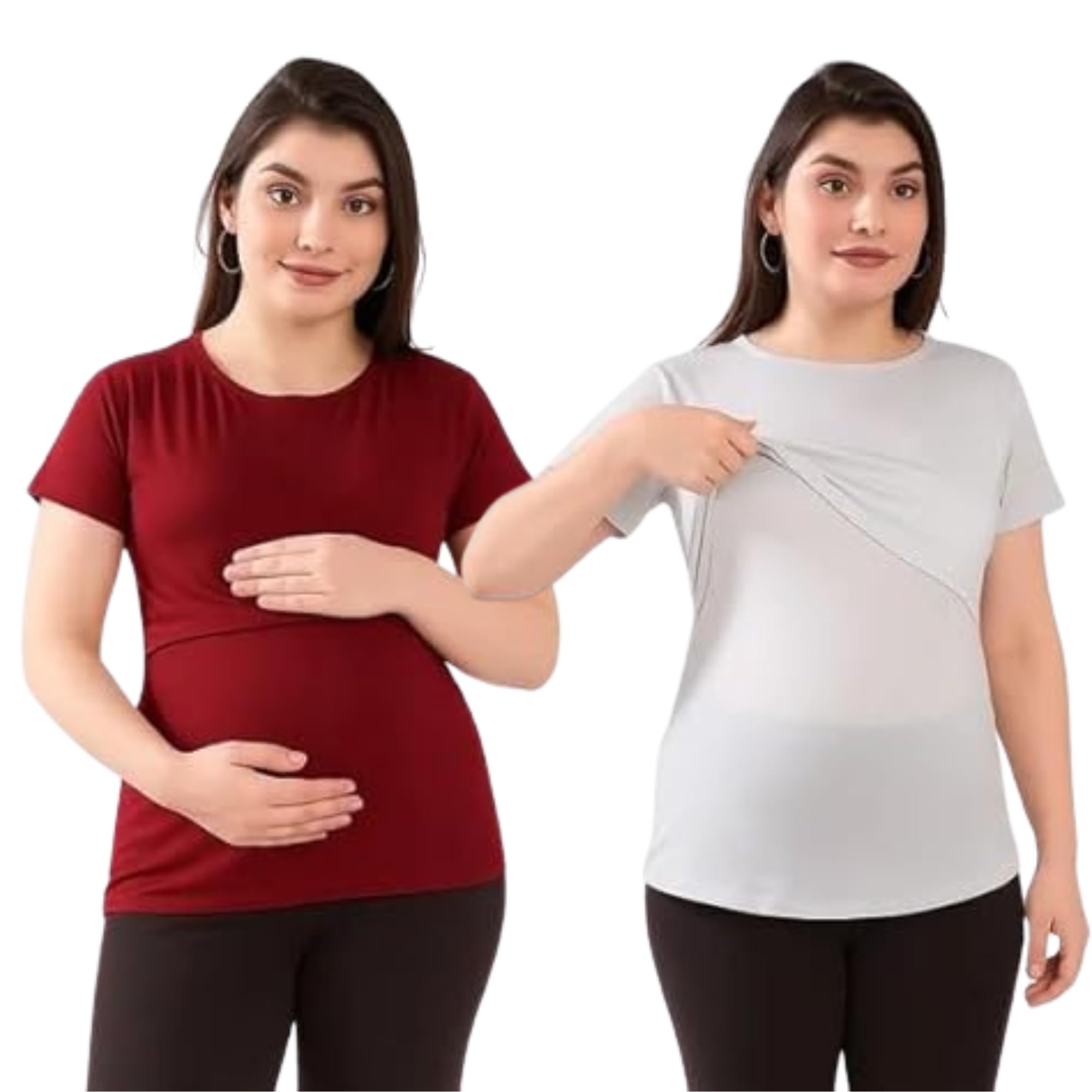 tummy Christmas Maternity Nursing Top for Women | Red & White Soft Cotton Pregnancy & Breastfeeding Tee | Pull-On Feeding Shirt, Stretch Fit, C-Section Friendly Pack of 2 (Red/White)-picture-38