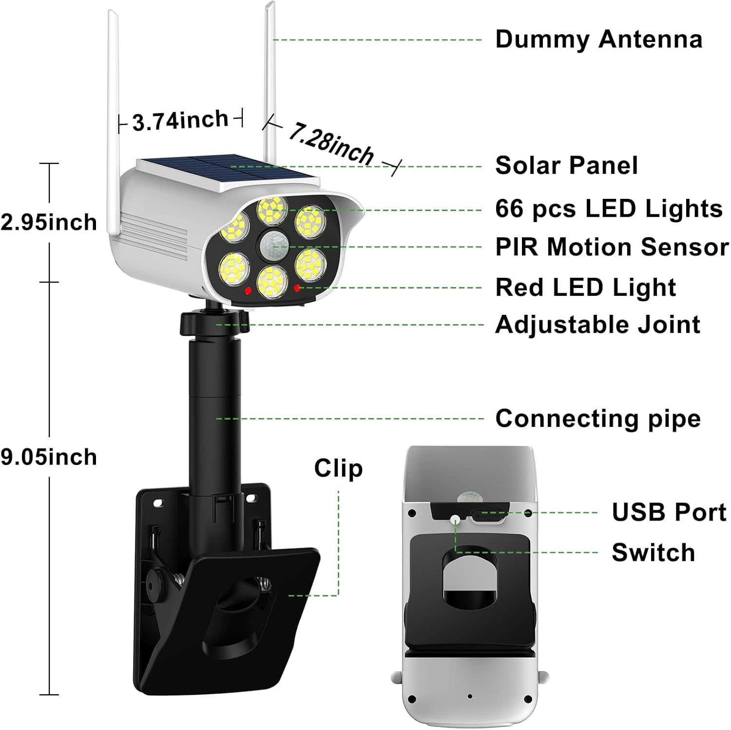 Tryme 2 Pack Fake Security Camera Solar Light with Flashing Red LED Clip-On Adjustable Dummy CCTV, 500 Lumen, 3 Modes & Motion Sensor for Porch, Yard, Garage (No Drill, Wireless)