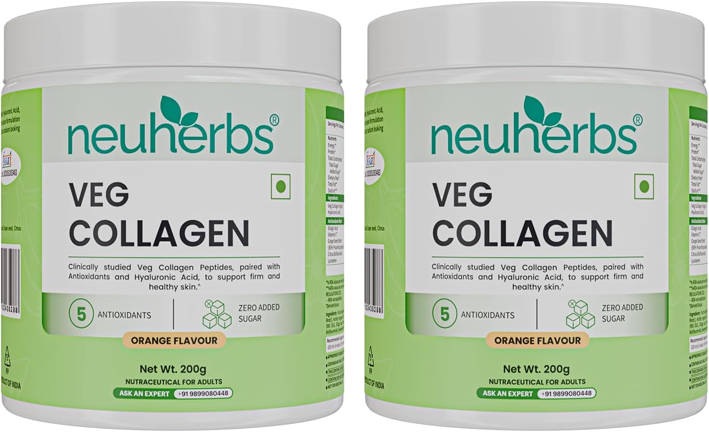 Neuherbs Collagen Supplement Powder | Veg Collagen Peptides for Men & Women | With Hyaluronic Acid & Vitamin C for Glowing & Youthful Skin | Zero Added Sugar | Orange Flavour, 200g (Pack of 2)
