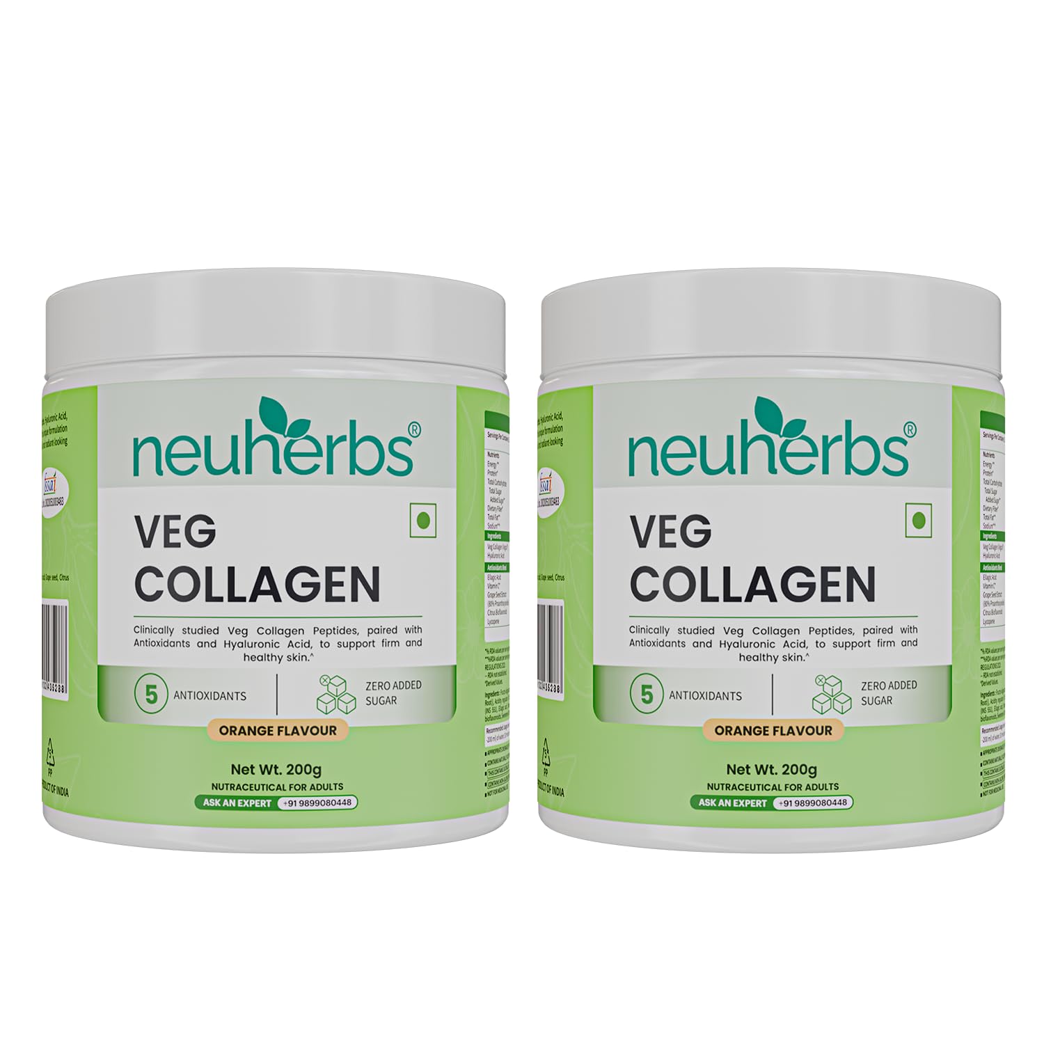 Collagen Supplement Powder | Veg Collagen Peptides for Men & Women | With Hyaluronic Acid & Vitamin C for Glowing & Youthful Skin | Zero Added Sugar | Orange Flavour, 200g (Pack of 2)