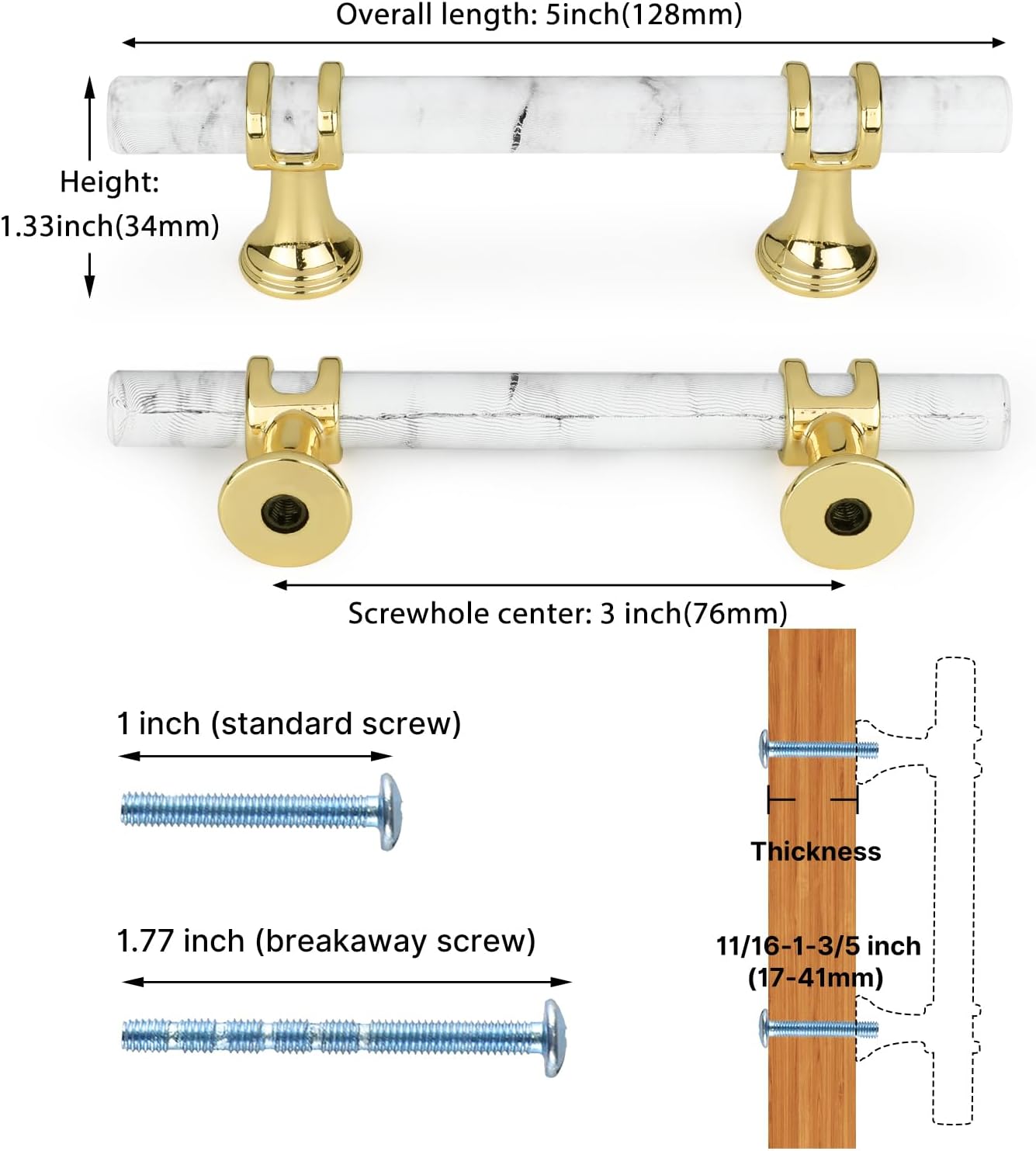 Rergy Cabinet Handles Marble Drawer Pulls and Knobs, 10Pack White Marble & Gold 3inch Hole Center, T-Bar Hardware for Kitchen Dresser Zinc Alloy Furniture