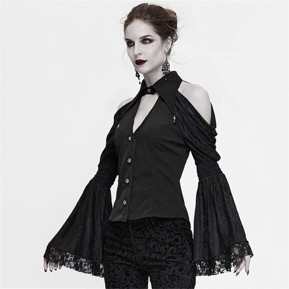 ゴシック シャツ レディース スキニー ポロ ネックライン 深いVネック シャツ レース フレアスリーブ