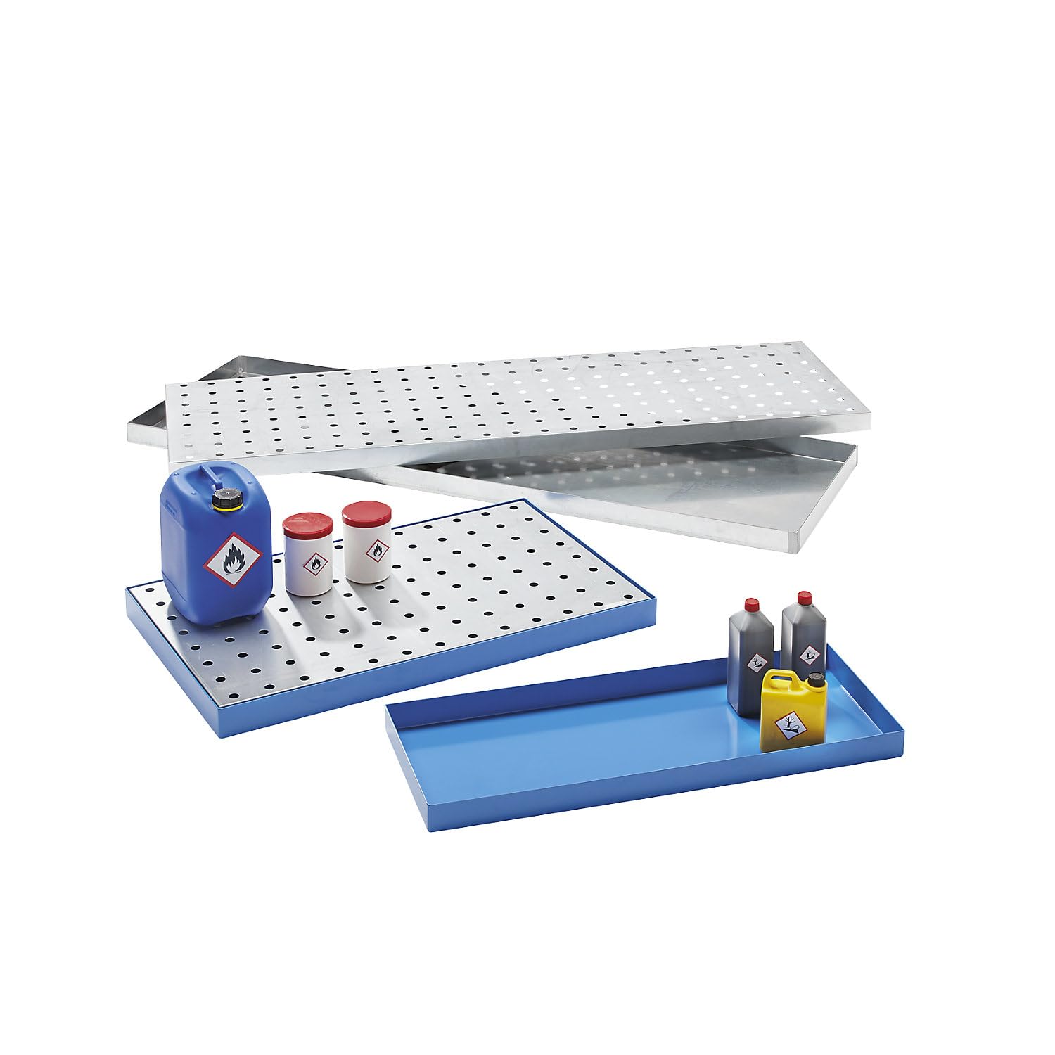 eurokraft | Stahl-Kleingebinde-Auffangwanne | LxBxH 940 x 370 x 60 mm | mit Zulassung | Auffangvolumen 20 l | Verzinkt