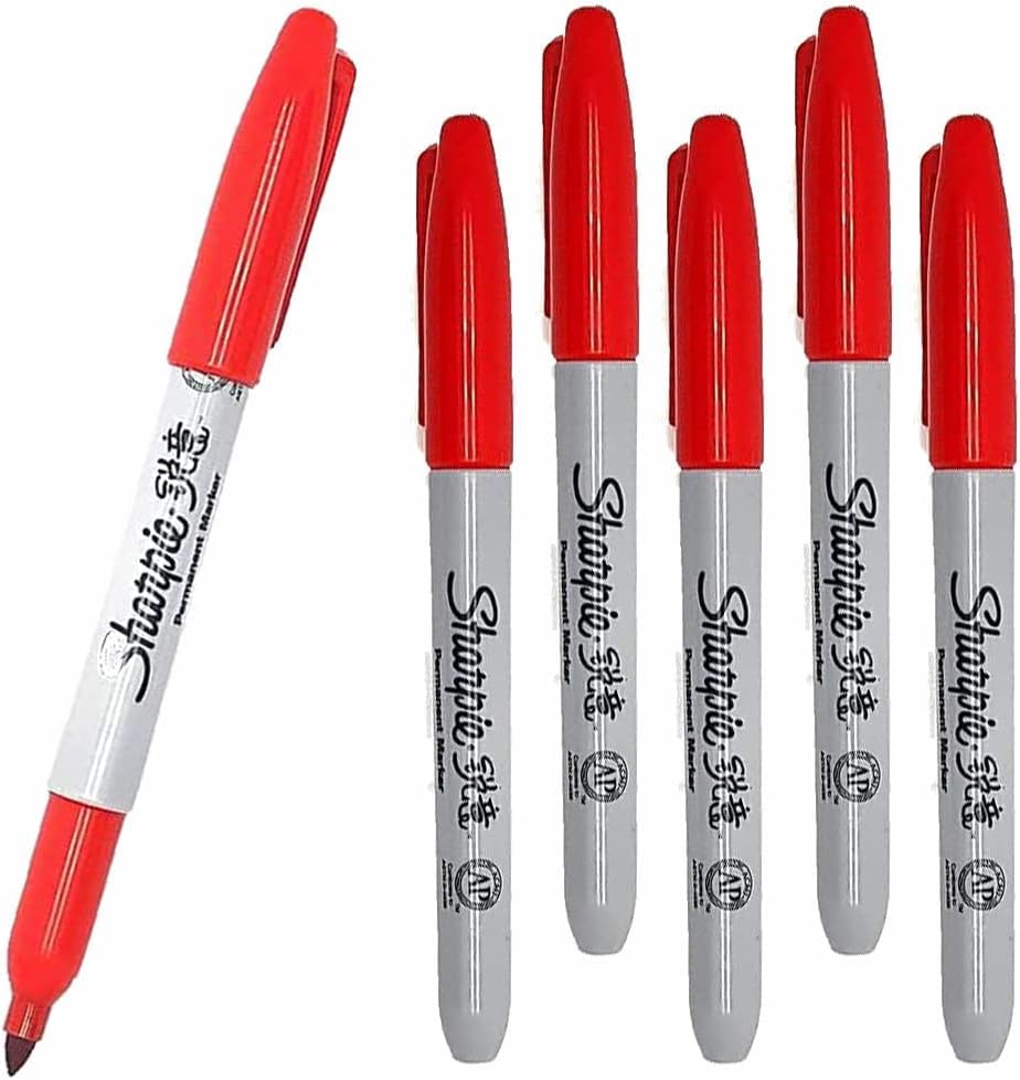 6 x Sharpie Permanent Marker Pens with Fine Point Tip for Paper Metal & Plastic, Red Colour Ink