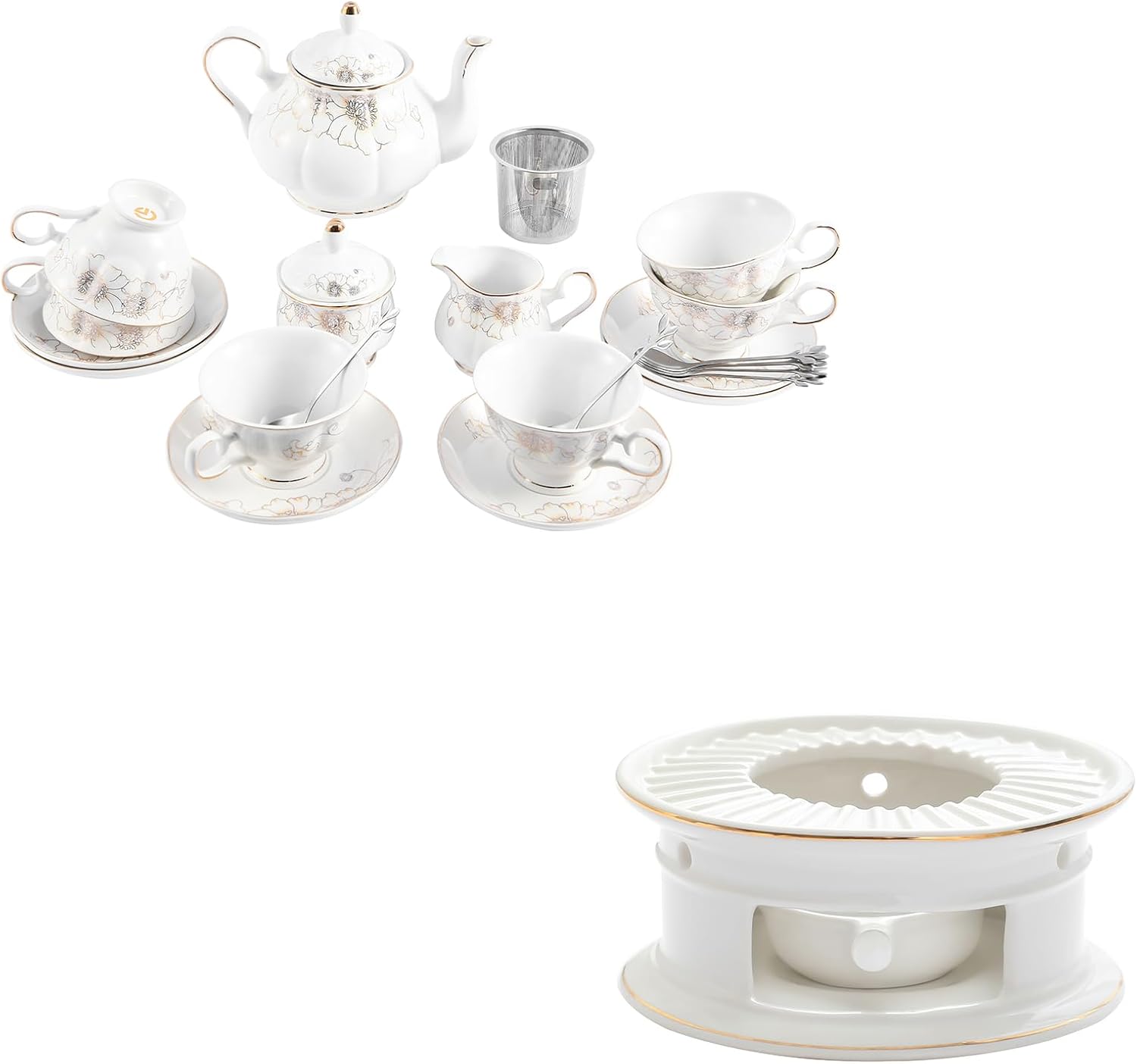 CHENP.HMC Porcelain Ceramic 22-Piece Tea Set, Teapot and Cup Set, 30.7 Ounces, for 6, Teapot Warmers Ceramic Teapot Warmer Coffee and Milk Tea Warmer Tea Set