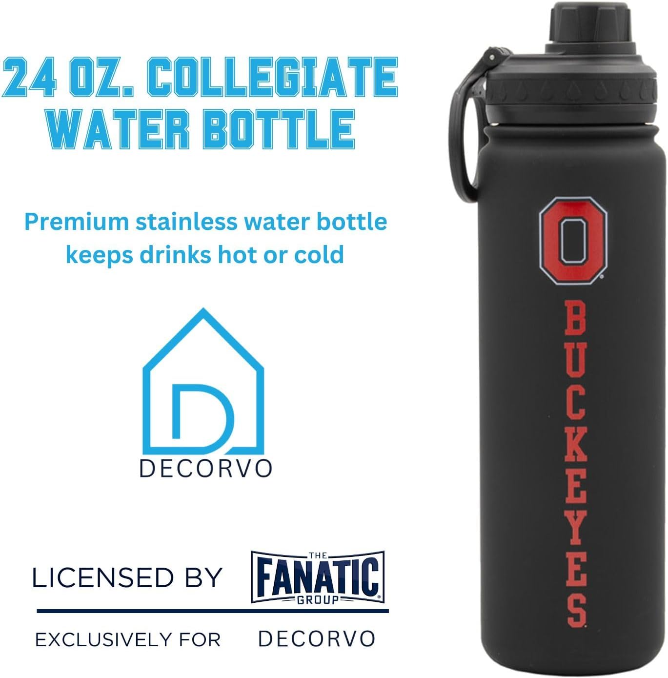 Ohio St Water Bottle - Black Double Walled Stainless Steel 24 oz Keeps Drinks Cold or Hot