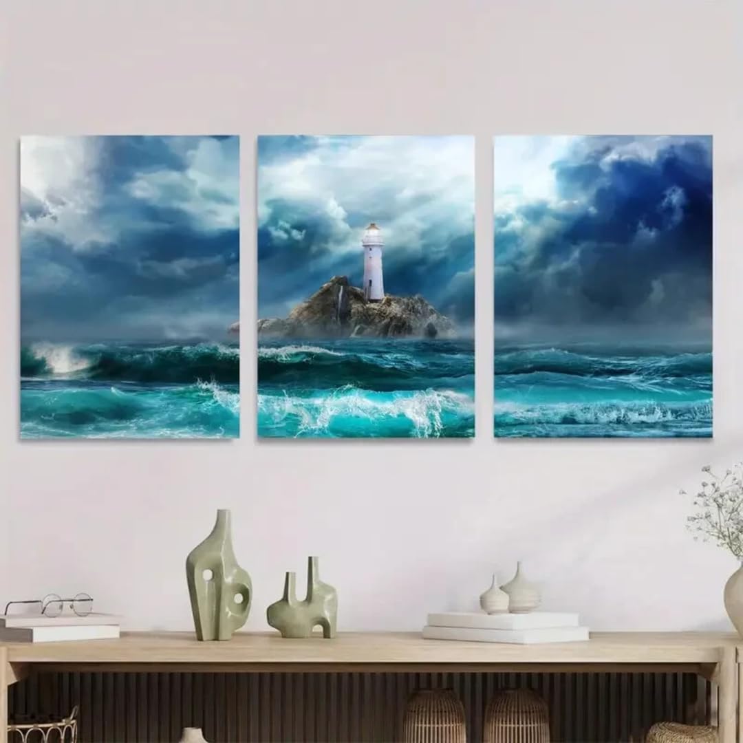 JKEVCBIAX Ocean Storm Lighthouse Wall Art-Minimalist Nautical Aesthetic Indoor Wall Decor Nordic Style Living Room Entrance Poster(60x80cmx3/NO frame)