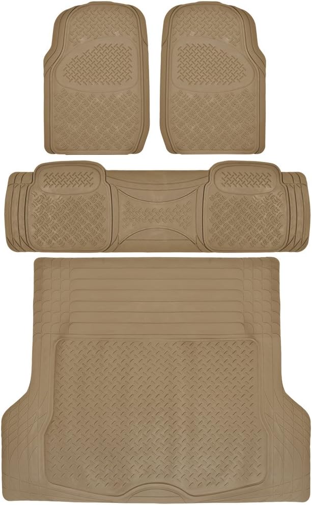 BDKUSA 4pc All Weather Heavy Duty Rubber SUV Floor Mat 2 Row & Cargo Mat (SUV Beige)