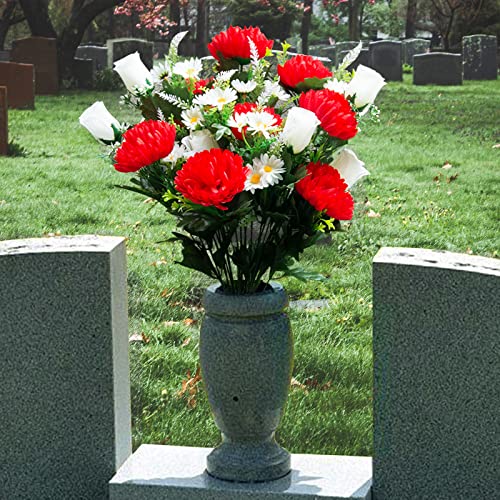 Loywree Artificial Cemetery Flowers Big Bouquet Outdoor Grave Flowers With Red Mum And Rose For Decoration - Realistic Vibrant, Lasting & Non-Bleed Colors #TOP5