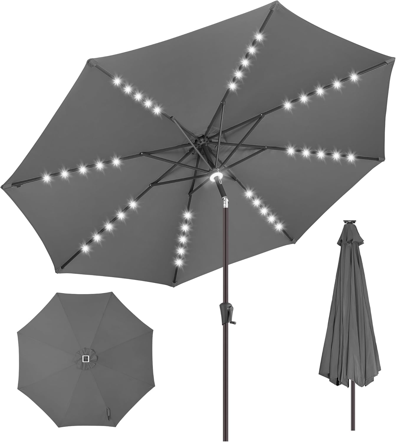 11ft Solar Umbrella Outdoor - Lighted Solar Patio Umbrella with 40 LED Lights Waterprool UV Protection, Table Umbrella with Tilt for Pool, Porch, Garden, Deck, Backyard - Anthracite