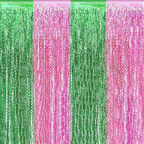 2 Pack 3.2ft x 6.6ft Green and Pink Wave Metallic Foil Fringe Curtains, Tinsel Photo Props Streamers Backdrop for Witch Theme, Birthday, Wedding, Baby Shower, and Princess Booth Decorations