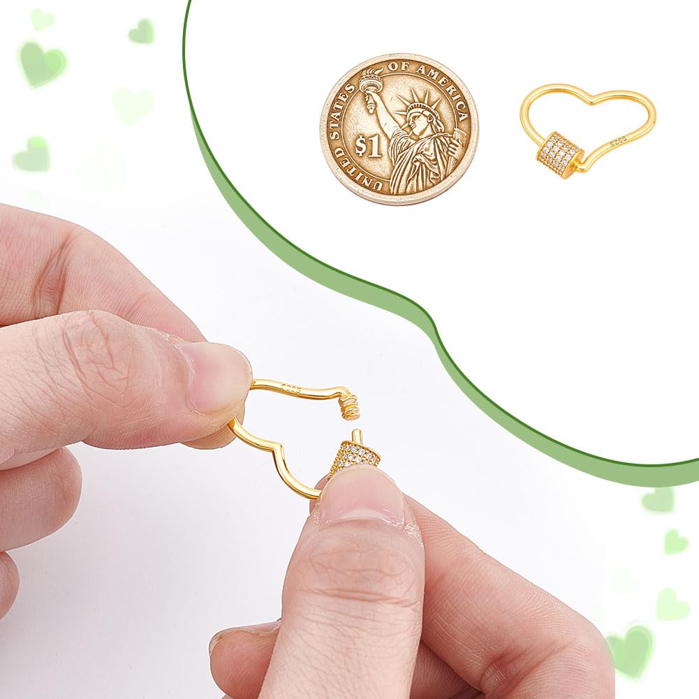 NBEADS Mosquetón de plata de ley 925 con rosca, llavero de circonita con corazón dorado, cierre seguro para hacer joyas, bolsos, accesorios de bricolaje, 16 x 23 x 1 mm
