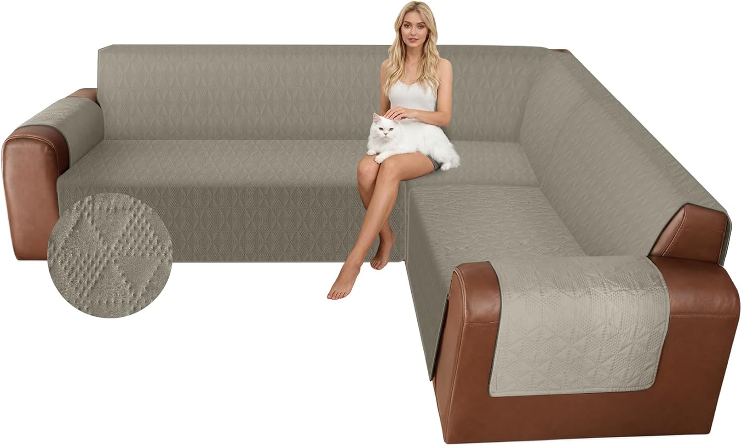 ALIECOM Corner Sectional Couch Covers L Shape Sofa Covers Washable Reversible Couch Cover for Sectional Slipcover U Shape Pet Dogs Furniture Protector with Elastic Straps (Khaki, X-Large)