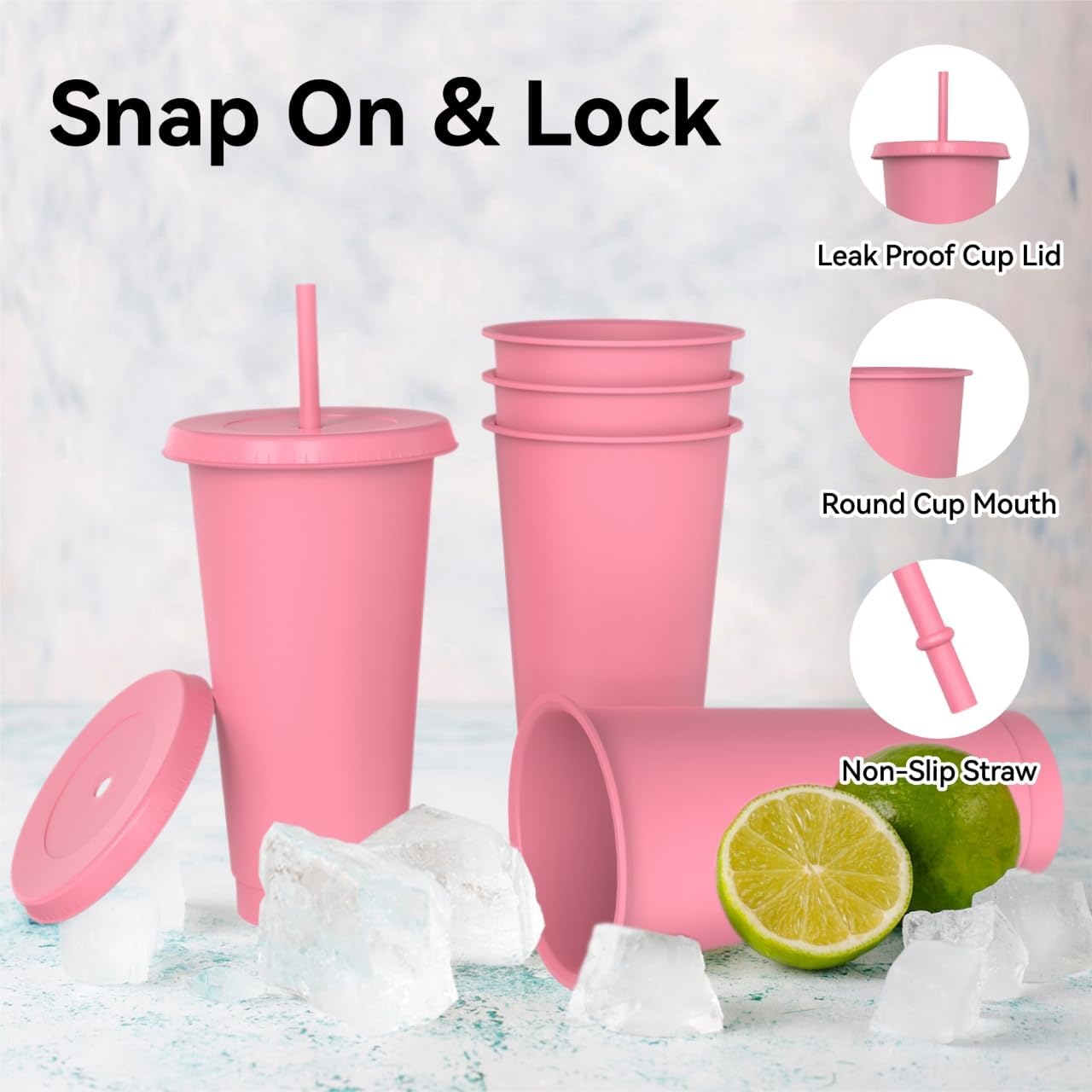24 oz Plastic Cups With Lids and Straws, Sturdy & Food-Safe Iced Coffee Cups With Lid, Plastic Tumbler Reusable, Drinking Cups for Cold Drinks, Milkshakes, Smoothies - Pink(12 Sets) - Image 3