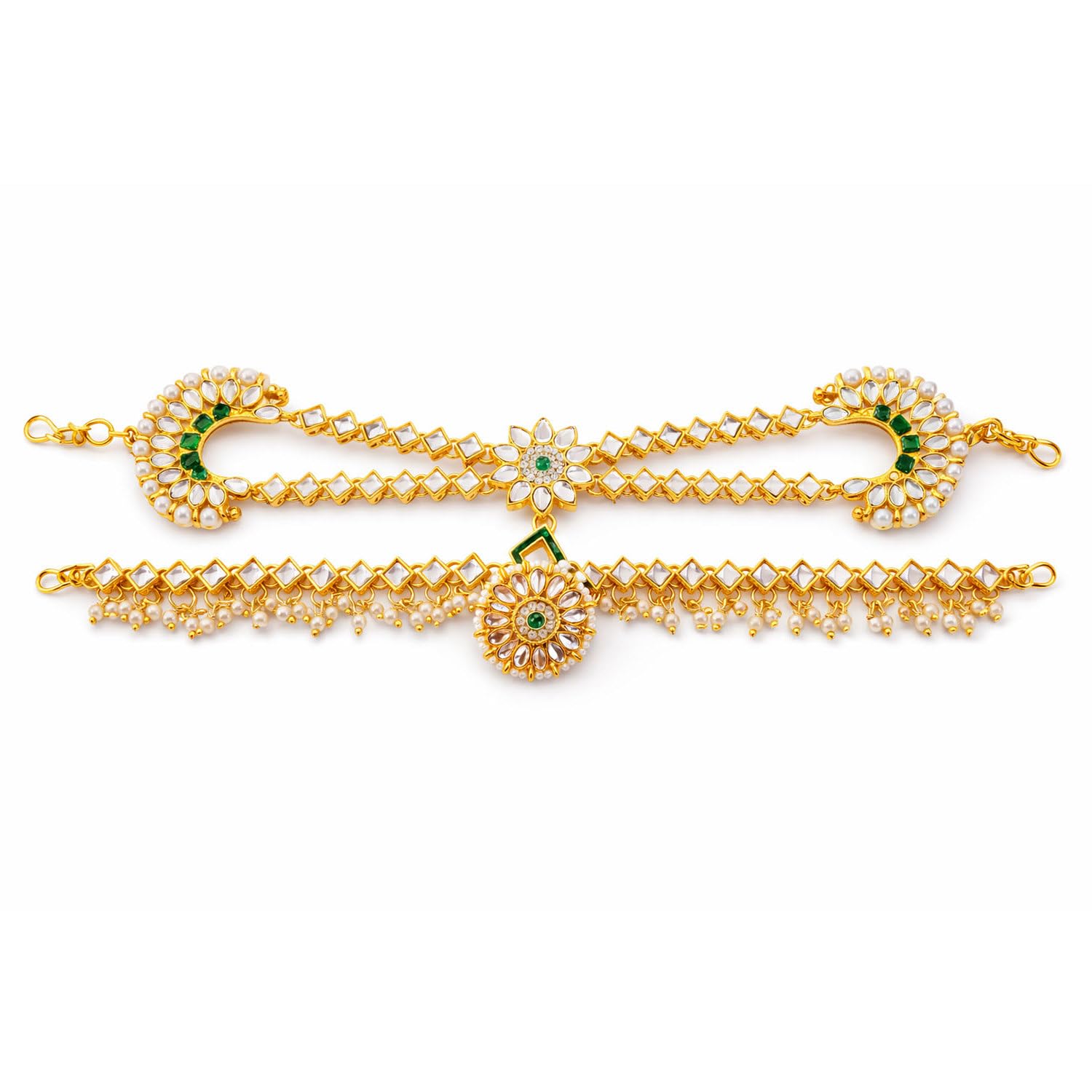 vama FASHIONS Gold Plated Maatha Patti with Maang Tikka Floral Gajra Link Chain White & Green Stones Bridal Festive Sheesh Patti Accessory For Women and Girls-picture-36