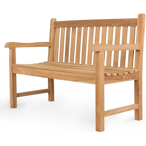 A-Grade Natural Teak Bench, Outdoor Garden Bench, All-Weather 100% Teak Wood 2 Person Yard Benches with Curved Backrest and Arch Armrest