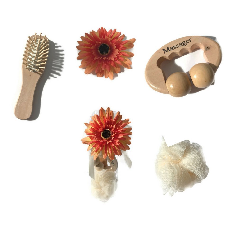 Massager Spa Gift Set- 3 Pcs Inludes: Large Wooden Bath Brush, Massager and Loofah!