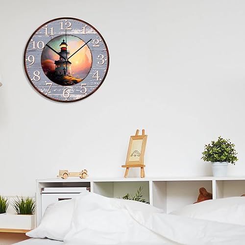 Miniatura 7 de Lighthouse - Reloj de pared redondo vintage silencioso de 15 pulgadas, sin tictac, funciona con pilas, faro costero de verano, estilo rústico,