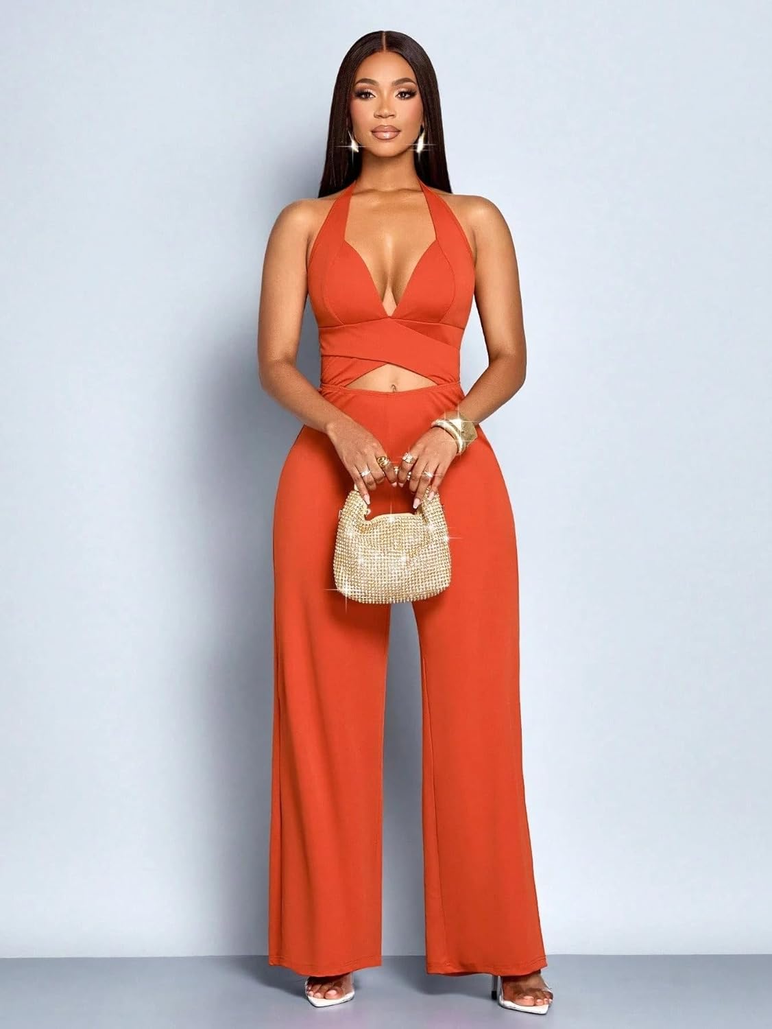 Women's Summer Fashion Jumpsuits Rompers Solid Color Neck Cutout Backless Sleeveless High Waist Long Jumpsuit