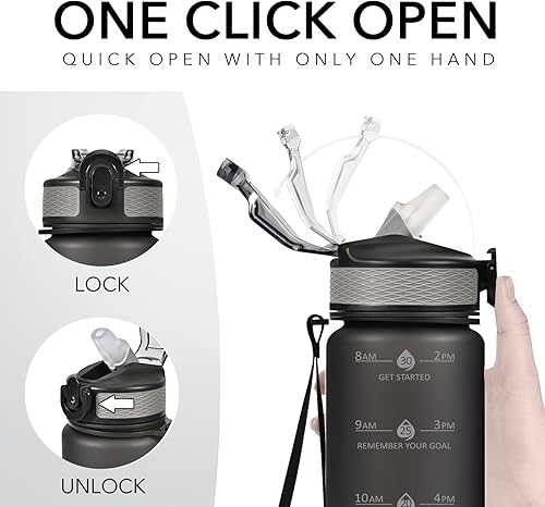 Miniatura 5 de Hyeta Botellas de agua de 32 onzas con popote, mantente motivado e hidratado con marcas de tiempos convenientes para beber, duraderas, a prueba