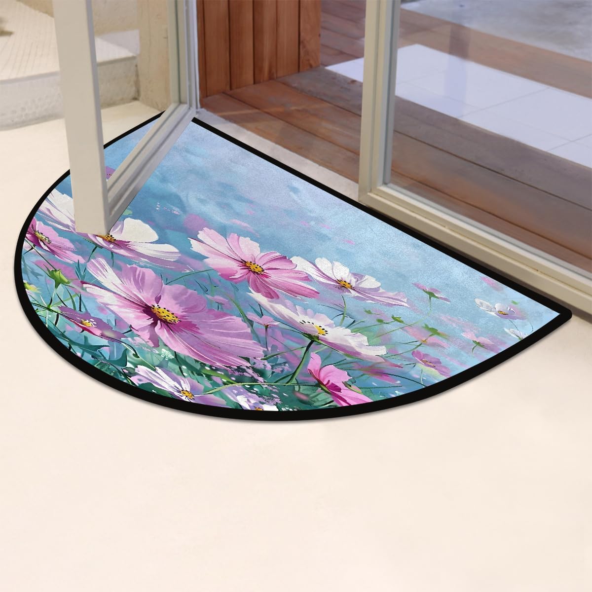 Half Round Door Mat Flower Pink Green Half Moon Rug Washable Half Circle Area Rugs Indoor Entrance Non Slip Semi Circle Bathroom Rugs Floor Carpet for Kithen Bedroom Fireplace Decor