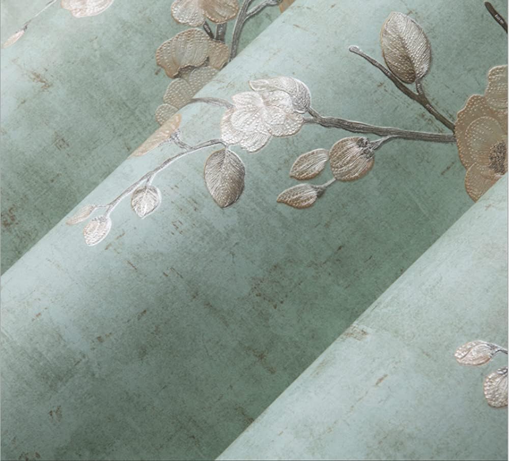 Q QIHANG 1.73' W x 32.8'L Small Floral Retro Nostalgic Rural Style Bedroom TV Background Wall Cafe Hotel Restaurant Non-Woven Non-Pasted Wallpaper (Green)