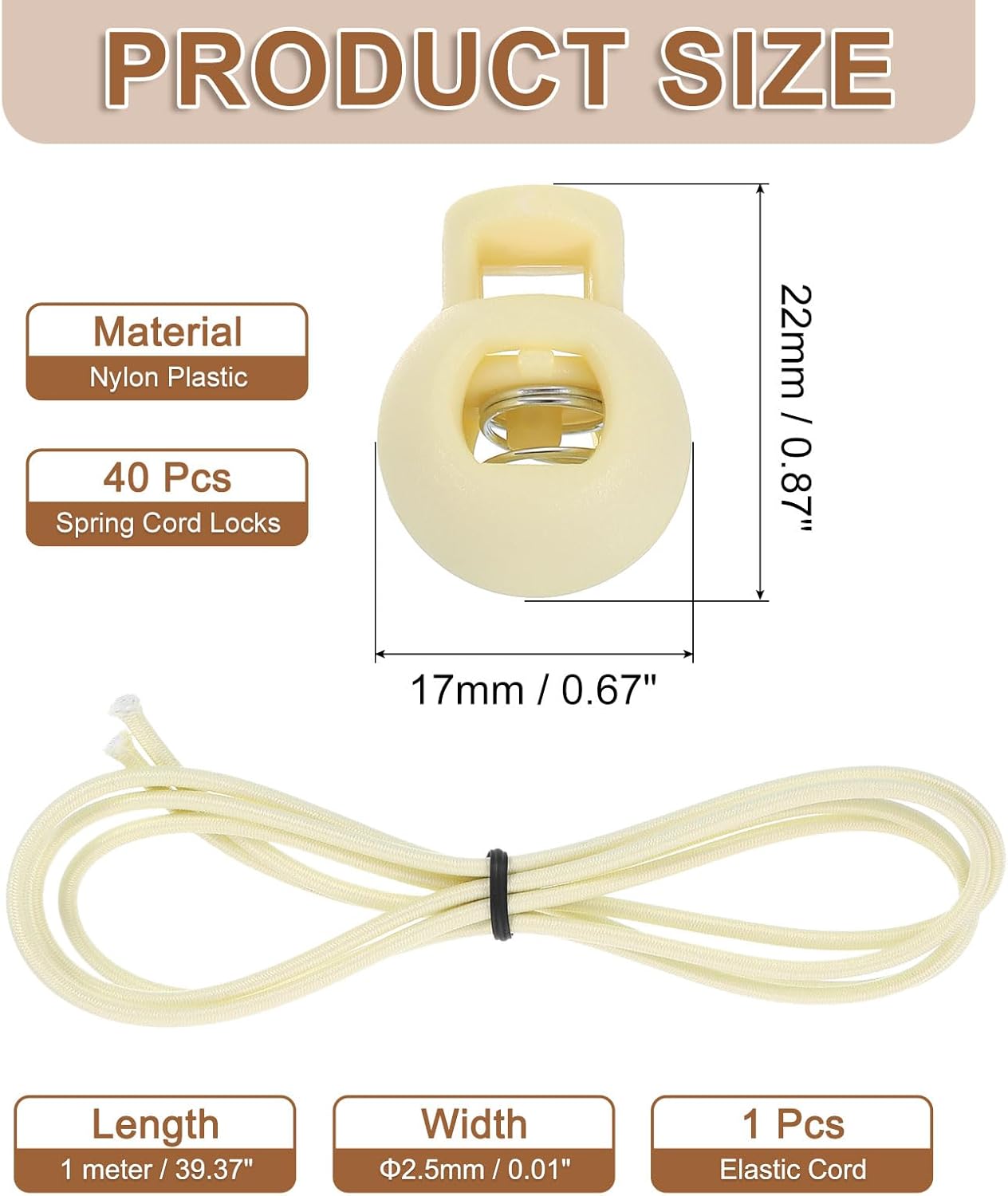 uxcell 40 Pcs Single Hole Cord Locks with 39Inch Elastic Shock Cord, Plastic Spring Toggle Stopper Clip with Stretch String for Shoelaces Drawstrings Paracord, Beige - Image 2